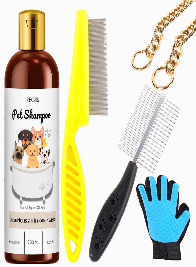 REGIIS Pet Grooming Kit with Shampoo, Combs, Glove, Gold Chain for Dogs, Cats, 200ml All-in-One Wash with Kernal Oil, Keratin(5 Pack) - Image 1